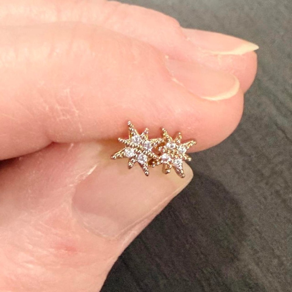 Gold Star Stud Earrings Celestial Diamond Accents Chain Back Set 2 Pairs